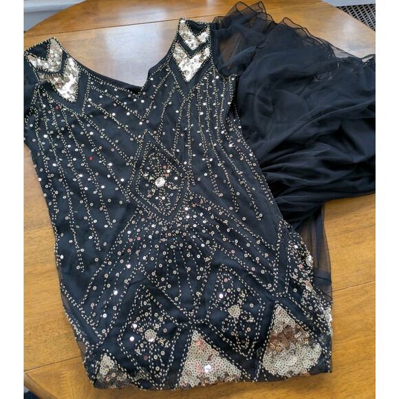 Black Deco Mermaid Gown XL Gold Sequin Flapper Flutter Sleeve NYE Evening Dress - Picture 8 of 8